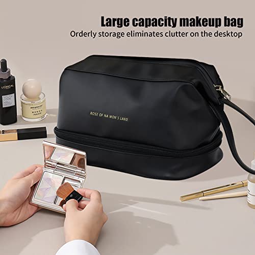 Double Layer PU Makeup Bag, Travel Makeup Bag, Large Capacity Travel Makeup Bag, Ladies Toiletry Bag, Portable Leather Toiletry bag, Daily Carry-on Toiletry bag (Classic Black)