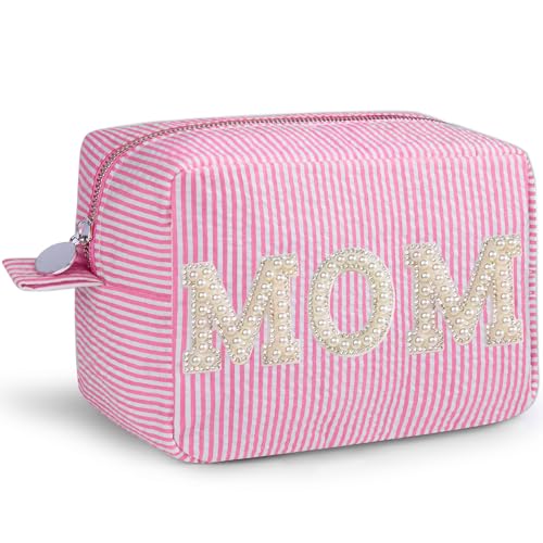 QFDS Gift for Mother,Birthday Gifts for Women Mom Grandmother Wife,Bling Pearl Rhinestone Zipper Pouch,Large Stripe Makeup Bag Cosmetics Bag,Daily Use (Pink-MOM)