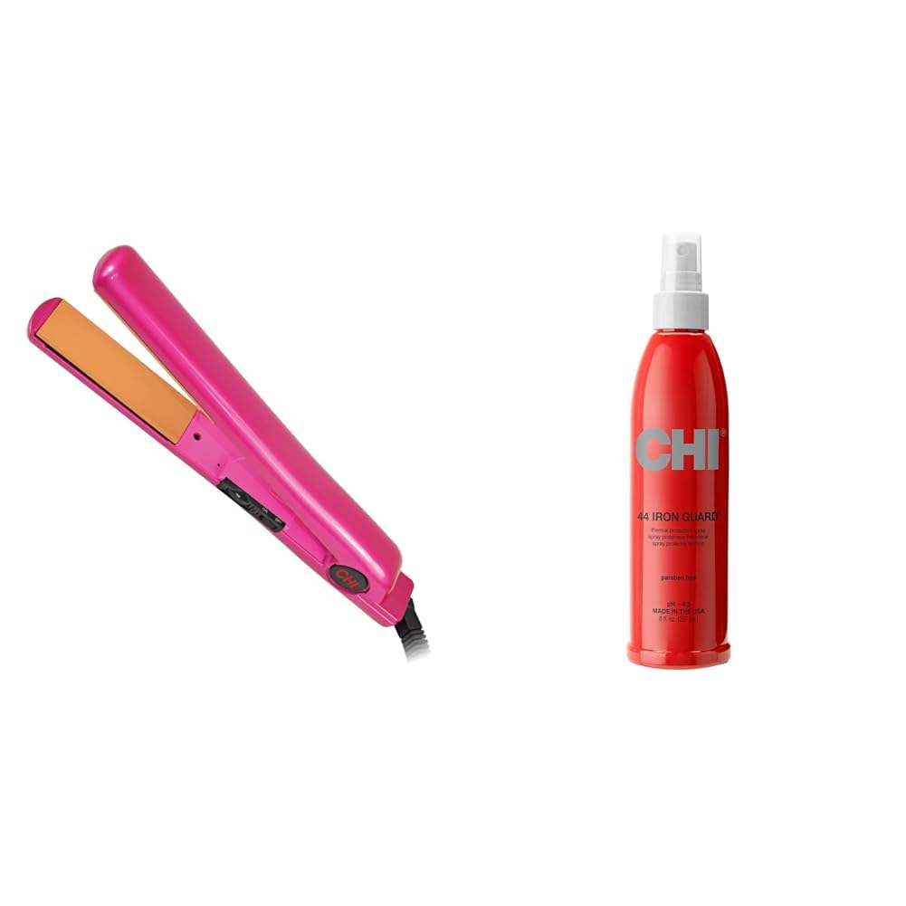 CHI Tourmaline Ceramic Hair Straightening Flat Iron | 1" Plates | Pure Pink | Professional Salon Model Hair Straightener & 44 Iron Guard Thermal Protection Spray, Clear, 8 Fl Oz