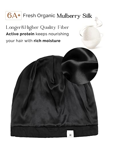 YANIBEST 100% Mulberry Silk Lined Sleep Cap Silk Bonnet for Sleeping - Black Hair Bonnet for Natural Hair