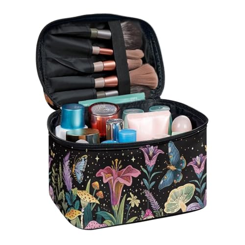 Biyejit Flowers Butterfly Makeup Bag Travel Make Up Organizer Cosmetic Brush Bags Case Protable Travel Zipper Pouch for Women Girls