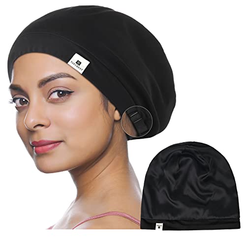 YANIBEST 100% Mulberry Silk Lined Sleep Cap Silk Bonnet for Sleeping - Black Hair Bonnet for Natural Hair