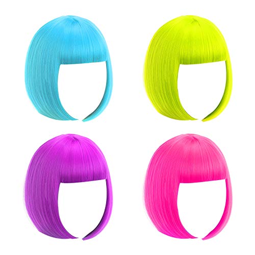 Short Bob Wig, 4 Pieces Colorful Wigs, Cosplay Wigs 12" Straight with Flat Bangs, Neon Colored Wig for Women Party Favors Bachelorette Party Night Club Come with Extra Wig Cap (4Packs Afro wigs)