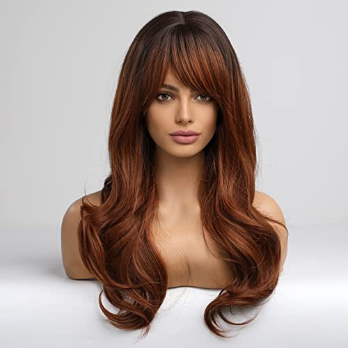 HAIRCUBE Reddish Brown Wigs for Women,Long Wave Synthetic Wigs with Bangs Heat Resistant Fibre Wig Natural looking