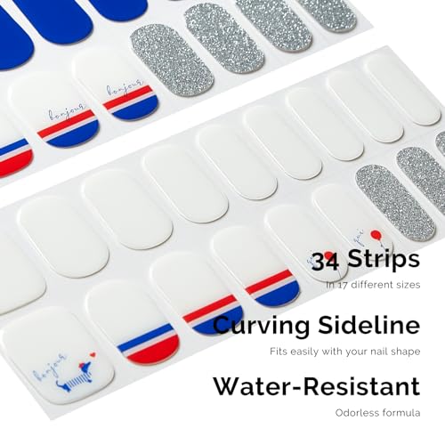 NAILOG Semi Cured Gel Nail Strips - 34 pcs | Buy 2 Get 1 UV Lamp | French Tip Long Lasting Nail Polish Sticker Wraps with Glossy Gel Finish French Flag, Dachshund, Bonjour