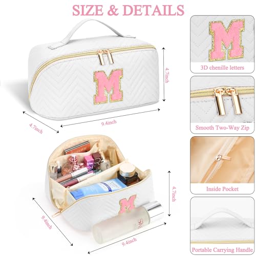 Travel Makeup Bag, Personalized Make Up Gift Cosmetic Bag for Women, Initials Wide-open Makeup Pouch Organizer Bag for Girls, Roomy Makeup Travel Bags - White V