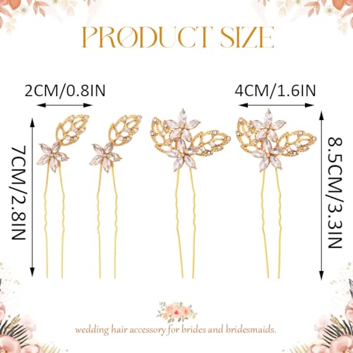 Heread Crystal Bride Wedding Hair Pins Gold Leaf Hair Pieces Bridal Hair Accessories for Women and Girls (Pack of 4)