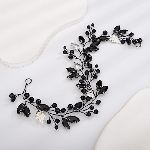 Teyglen Bride Wedding Hair Vine Bridal Silver Leaf Crystal Headband Handmade Blue Red Black Rhinestone Pearl Hair Pieces Black Headpieces Hair Accessories for Bride Women Girls (Black)