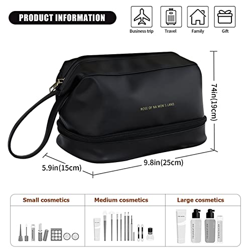 Double Layer PU Makeup Bag, Travel Makeup Bag, Large Capacity Travel Makeup Bag, Ladies Toiletry Bag, Portable Leather Toiletry bag, Daily Carry-on Toiletry bag (Classic Black)