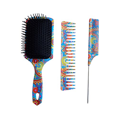 The Oriental Hair Brush and Comb Set by BeaverStrong - Far East All Purpose Large Paddle Brush and Combs Kit for Men and Women (3-Pack)