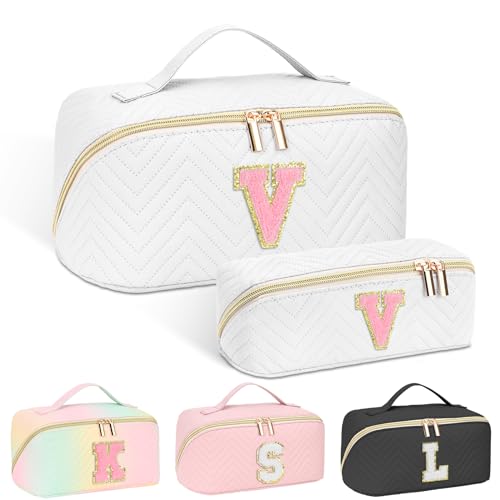 Travel Makeup Bag, Personalized Make Up Gift Cosmetic Bag for Women, Initials Wide-open Makeup Pouch Organizer Bag for Girls, Roomy Makeup Travel Bags - White V