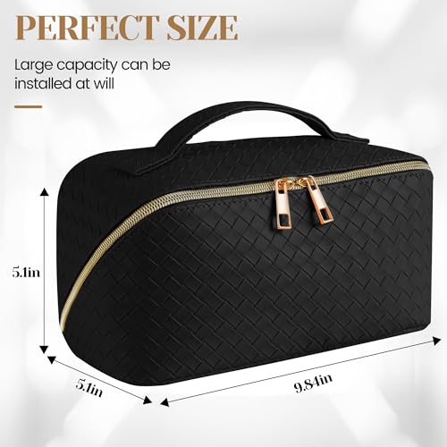 SFXULIX Large Capacity Travel Cosmetic Bag - Makeup Bag, PU Leather Waterproof Cosmetic Bag, Women Portable Travel Makeup Bag With Handle and Divider Flat Lay Makeup Organizer Bag (Black)