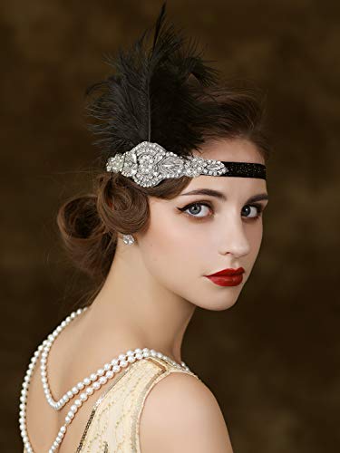 SWEETV 1920s Headpiece Flapper Headband, Rhinestone Feather Great Gatsby Headpiece Hair Accessories for Women (Black)