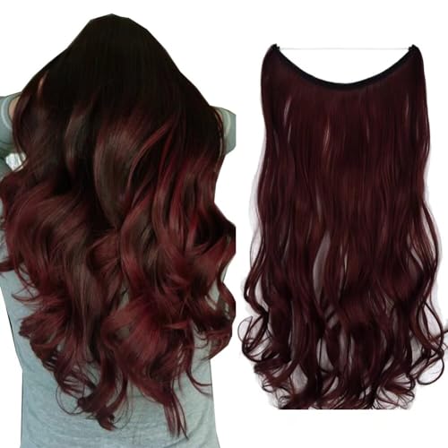 iLUU Hidden Wire Extensions Secret Fish Line Hair Extensions Long Curly Wavy Hairpieces Invisible Fish Line Synthetic Hair Extensions 18" 80g #118 Dark Wine for Beauty Women Girl