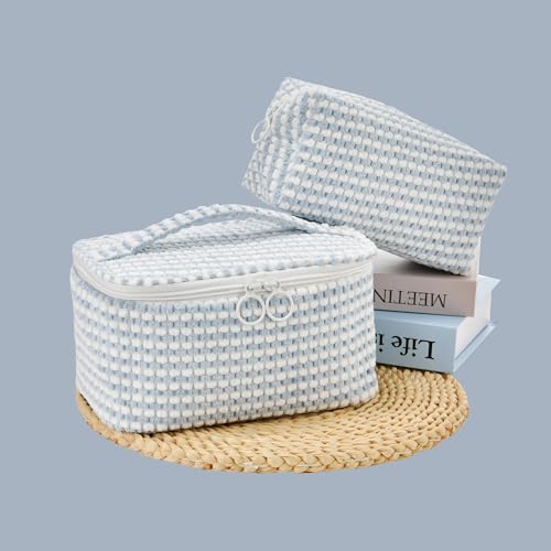 Yunhuy 2PCS Makeup Bag Comfy Cosmetic Bag Set for Women Girls,Large Capacity Travel Makeup Pouch,Toiletry Bag,Portable Makeup Organizer with Double Zipper (Light Blue)