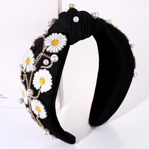 Flower Knotted Headband Boho Spring Rhinestone Crystal Jeweled Flowers Leaf Top Knot Headband Summer Beach Wedding Holiday Party Head Band Hair Accessories Gift for Women Girls