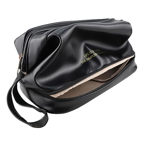 Kososuru Small Makeup Bag,Portable Waterproof Cosmetic Bag,Travel Pu leather Makeup Pouch for Women (Black, Small)