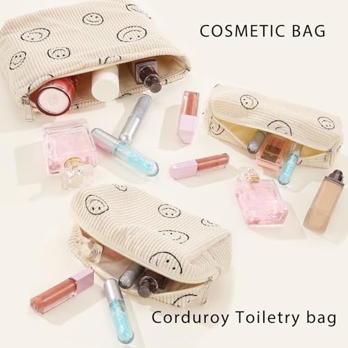 Herchuse Makeup Bag Cute Smiley Face Makeup Bag Organizer With Zipper Corduroy makeup Bag 3PCS Bag For Purses For Women (Beige)