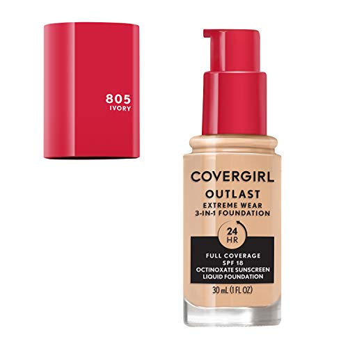 Covergirl Outlast Extreme Wear 3-in-1 Full Coverage Liquid Foundation, SPF 18 Sunscreen, Ivory, 1 Fl. Oz.