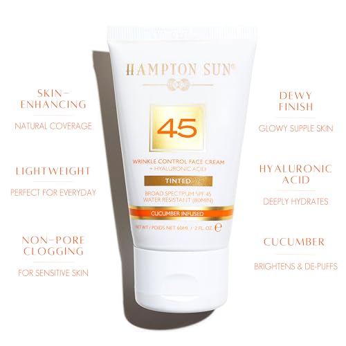 Hampton Sun SPF 45 Tinted Wrinkle Control Face Cream | Daily Tinted Moisturizer | Dewy, Glowy Finish | Light, Blendable Coverage | Hyaluronic Acid + Organic Cucumber Extracts | All Skin Types