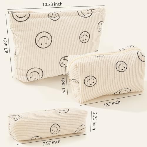 Herchuse Makeup Bag Cute Smiley Face Makeup Bag Organizer With Zipper Corduroy makeup Bag 3PCS Bag For Purses For Women (Beige)