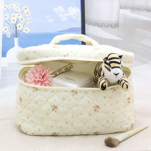 PAZIMIIK Cotton Makeup Bag for Women Large Quilted Travel Cosmetic Case Girls' Make Up Organizer,Floral White