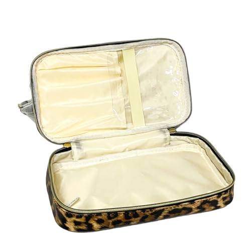 WELLANCE Chenille Letter Bag Clear Makeup Bags,Waterproof Cosmetic Pouch with Divider Makeup Brush Holder,Large Capacity Double-layer Cosmetic Travel Bag for Women (Leopard)