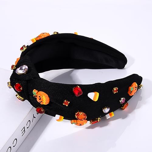 MOLOCH Halloween Headband Spooky Pumpkin Candy Corn Knotted Headband Jeweled Crystal Embellished Headband Black Halloween Costume Headwear Hair Accessories