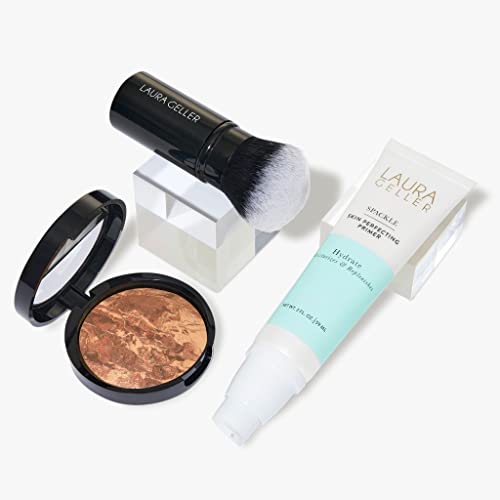 LAURA GELLER NEW YORK Face the Day Kit (3 PC) - Balance-n-Brighten Foundation, Deep + Spackle Skin Perfecting Primer, Hydrate + Airbrush Round Kabuki Brush