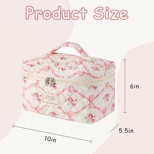 RSRSLEII Large Quilted Makeup Bag for Women and Girls, Cute Coquette Floral Cotton Cosmetic Bag, Aesthetic Travel Organized Toiletry Bags (01Pink Bows)