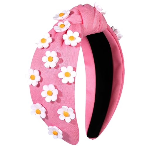 NVENF Flower Headbands for Women Spring Summer Floral Knotted Headbands Crystal Rhinestone White Pink Wide Top Knot Headband Beach Summer Hair Accessories Outfits Gifts (Flower A-Pink3)