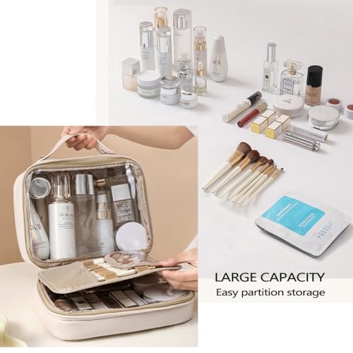 Sireck Travel Makeup Bag Cosmetic Bag,Large Capacity Toiletry Bag,Waterproof PU Leather Make Up Organizer with Detachable Makeup Brush Holder Bags (Beige)