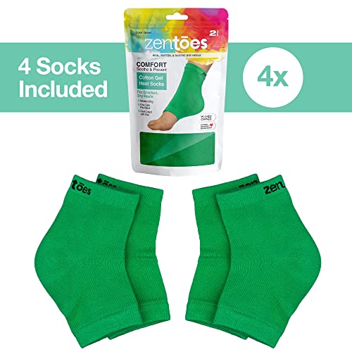 ZenToes Moisturizing Heel Socks 2 Pairs Gel Lined Toeless Spa Socks to Heal and Treat Dry, Cracked Heels While You Sleep (Regular, Green)