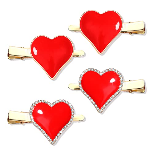 HZEYN 4 Pack Valentine's Day Heart Hair Clips Big Red Enamel Rhinestone Heart Hairpin Hair Accessories Gift for Women Girls (Enamel Red)