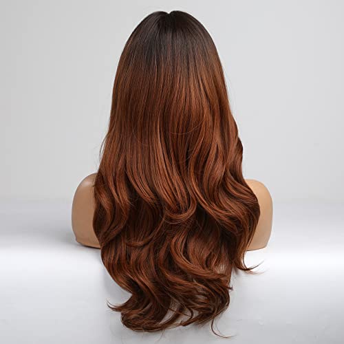 HAIRCUBE Reddish Brown Wigs for Women,Long Wave Synthetic Wigs with Bangs Heat Resistant Fibre Wig Natural looking