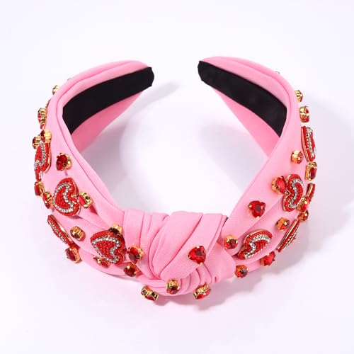 NVENF Valentine’s Day Headband for Women Love Heart Headband Jeweled Crystal Rhinestone Knotted Headband Red Pink Wide Top Knot Headband Valentine’s Day Hair Accessories Gifts (Letter 1 - White)