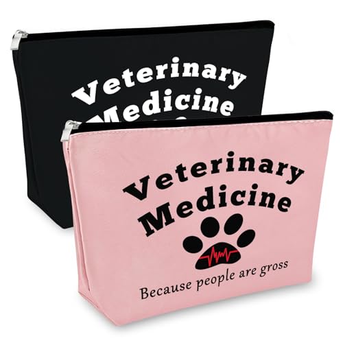 2Pcs Veterinary Medicine Gift Makeup Bag Veterinarian Appreciation Gifts for Women Vet Tech Gift Cosmetic Bag Animal Rescue Gift Veterinary Medicine Graduation Birthday Thank You Gift (Black,Pink)