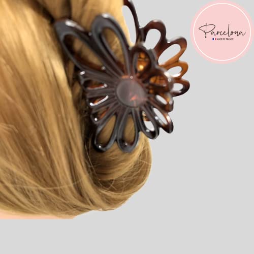 Parcelona French Plume 3" Celluloid No Slip Grip Covered Spring Jaw Hair Claw Durable Styling Women Hair Accessories, Made in France (Tortoise Shell Brown)