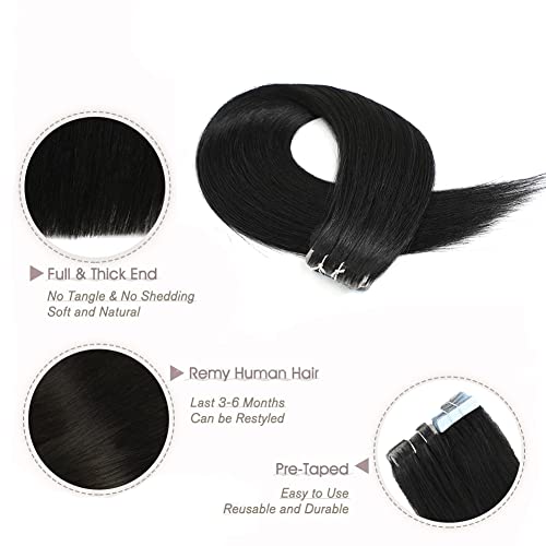 ELFSECRET Human Hair Tape In Hair Extensions Natural Black Color Seamless Invisible PU Skin Weft Tape in 100% Real Human Hair Silky Straight Hair Extensions Soft Thick End (14 Inch, 1B Natural Black)