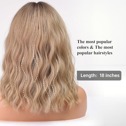 ALANHAIR Blonde Bob Wigs Curly Bob Wigs Ombre Blonde Bob Wig for Women Short Bob Curly Wigs with Bangs Short Bob Wavy Wigs Natural Synthetic Heat Resistant Wigs for Halloween/Christmas/Cosplay/Party