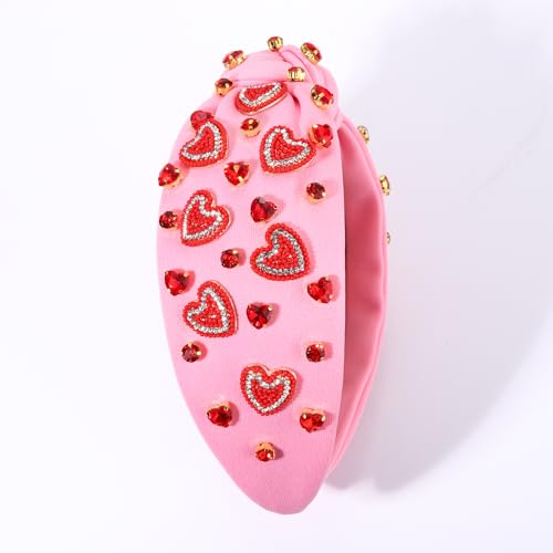 NVENF Valentine’s Day Headband for Women Love Heart Headband Jeweled Crystal Rhinestone Knotted Headband Red Pink Wide Top Knot Headband Valentine’s Day Hair Accessories Gifts (Letter 1 - White)