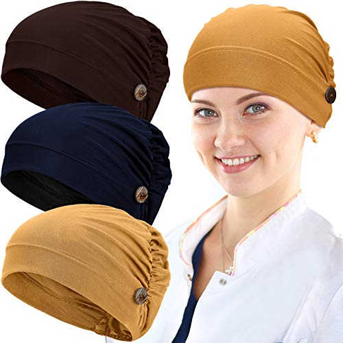 Geyoga 3 Pieces Bouffant Caps with Buttons Unisex Stretchy Headband Turban with Buttons for Women