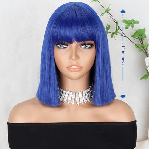 MERISIHAIR Short Blue Bob Wig with Bangs Synthetic Straight Blue Cut Wig Shoulder Length Fashion Cosplay Wig for Girl Colorful Costume Wig