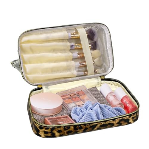 WELLANCE Chenille Letter Bag Clear Makeup Bags,Waterproof Cosmetic Pouch with Divider Makeup Brush Holder,Large Capacity Double-layer Cosmetic Travel Bag for Women (Leopard)