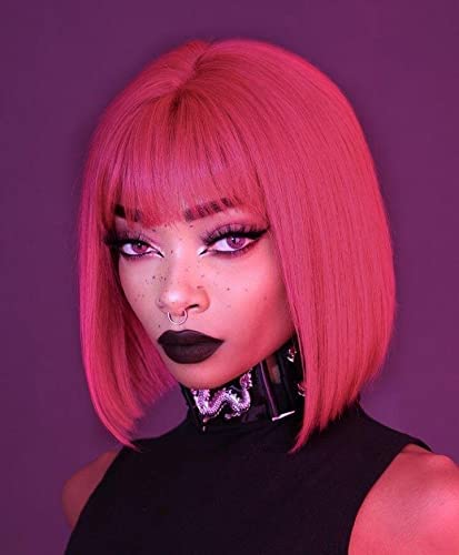 MOSINA Hot Pink Bob Wig - Short Hot Pink Straight Bob Wigs with Bangs for Women, Colorful Short Hair Wig, Cute Synthetic Wig for Cosplay, Daily, Halloween (12inch)…