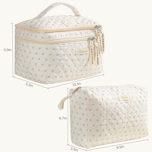 HBselect 2Pcs Double Layer Travel Makeup Bag Women, Cotton Quilted Makeup Bag Coquette Makeup Bag Large Travel Cosmetic Bag Aesthetic Cute Kawaii Cherry Makeup Bag Toiletry Bags for Women Girls