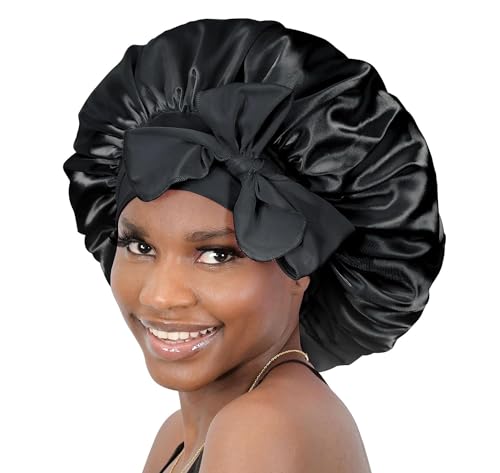 BONNET QUEEN Silk Bonnet for Sleeping Women Satin Bonnet Hair Bonnet night sleep cap scarf wrap for curly hair With Tie Band Black