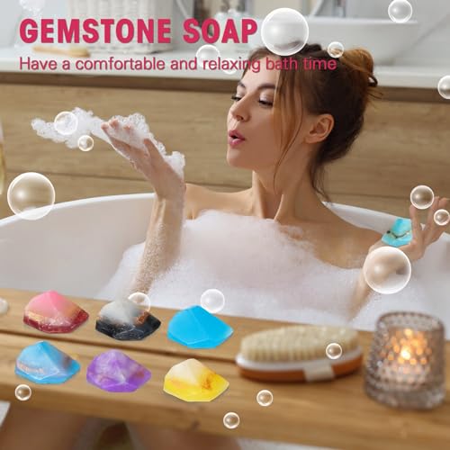 Loopeer 12 Pieces Gemstone Soap with Fragrance Organic Oil Rocks Decorative Hand Soap Bars Bathroom Soap for Bath Face Body Women Men Birthday Christmas Gift Moisturizes, 12 Scent(Cute)