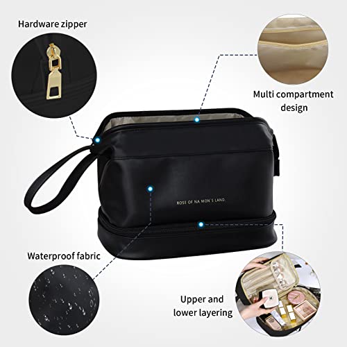 Double Layer PU Makeup Bag, Travel Makeup Bag, Large Capacity Travel Makeup Bag, Ladies Toiletry Bag, Portable Leather Toiletry bag, Daily Carry-on Toiletry bag (Classic Black)