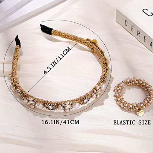 Coridy Thin Gold Headbands for Women Pearl Rhinestones Hairbands with Beaded Hair Ties Baroque Bejeweled Head Bands for Wedding Party Holiday (Charming)